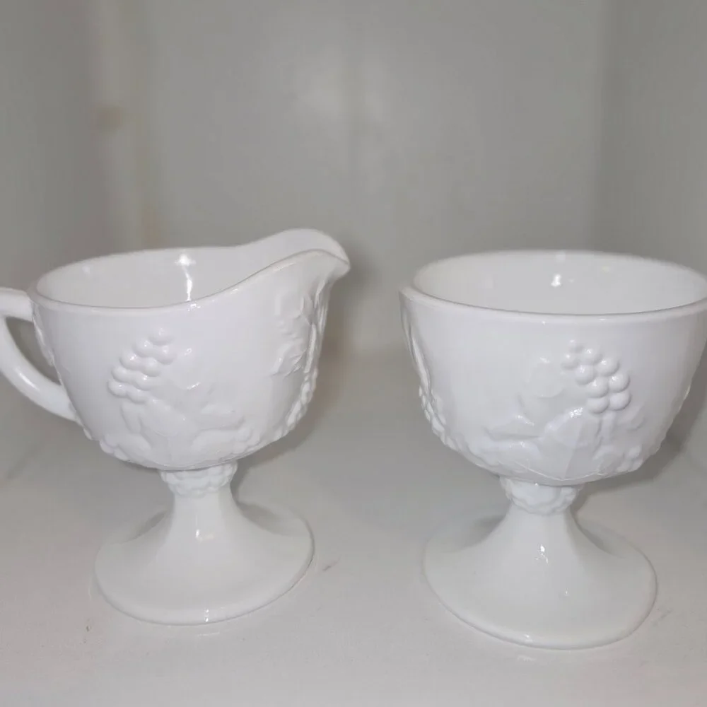 Indiana Milk Glass Colony Harvest Grape Pattern Creamer and Sugar Bowl Set  VTG